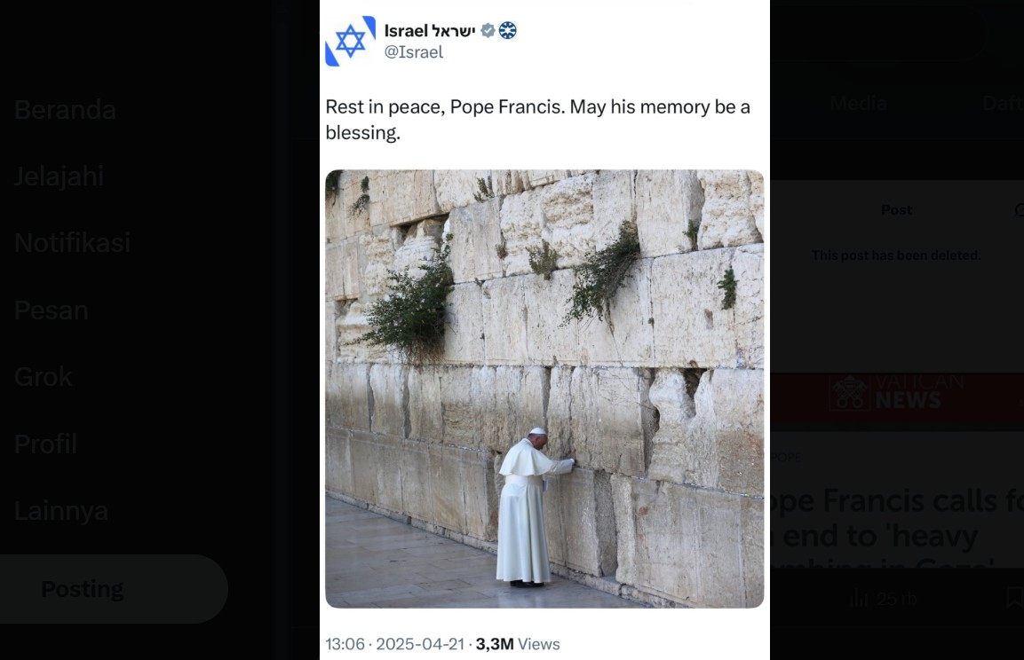 Diplomat Israel Akui Hapus Unggahan Duka Wafatnya Paus Fransiskus