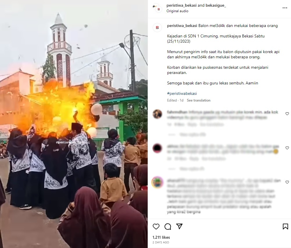 Balon meledak, lalu terbakar di SDN 1 Cimuning, Mustikajaya, Bekasi. (Tangkap layar @peristiwa_bekasi)