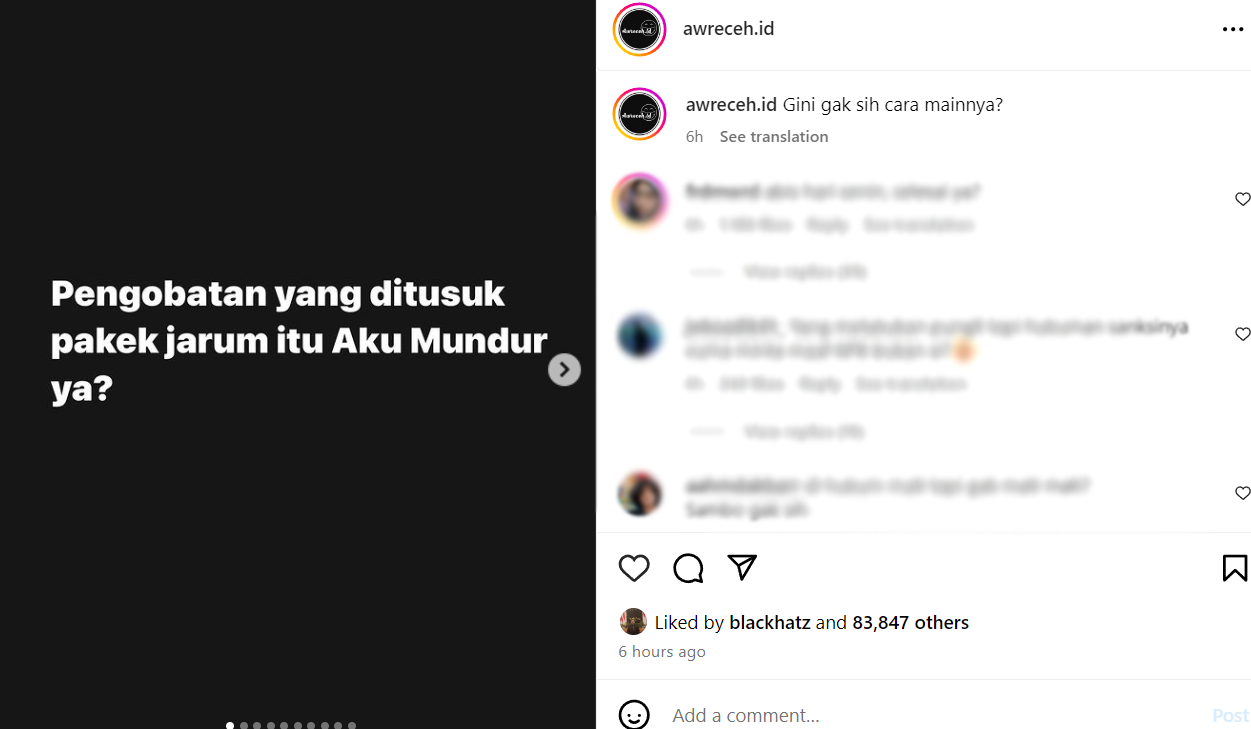 Teka-teki Lucu tapi bikin tambah galau. (Tangkap layar akun Instagram @awreceh.id)