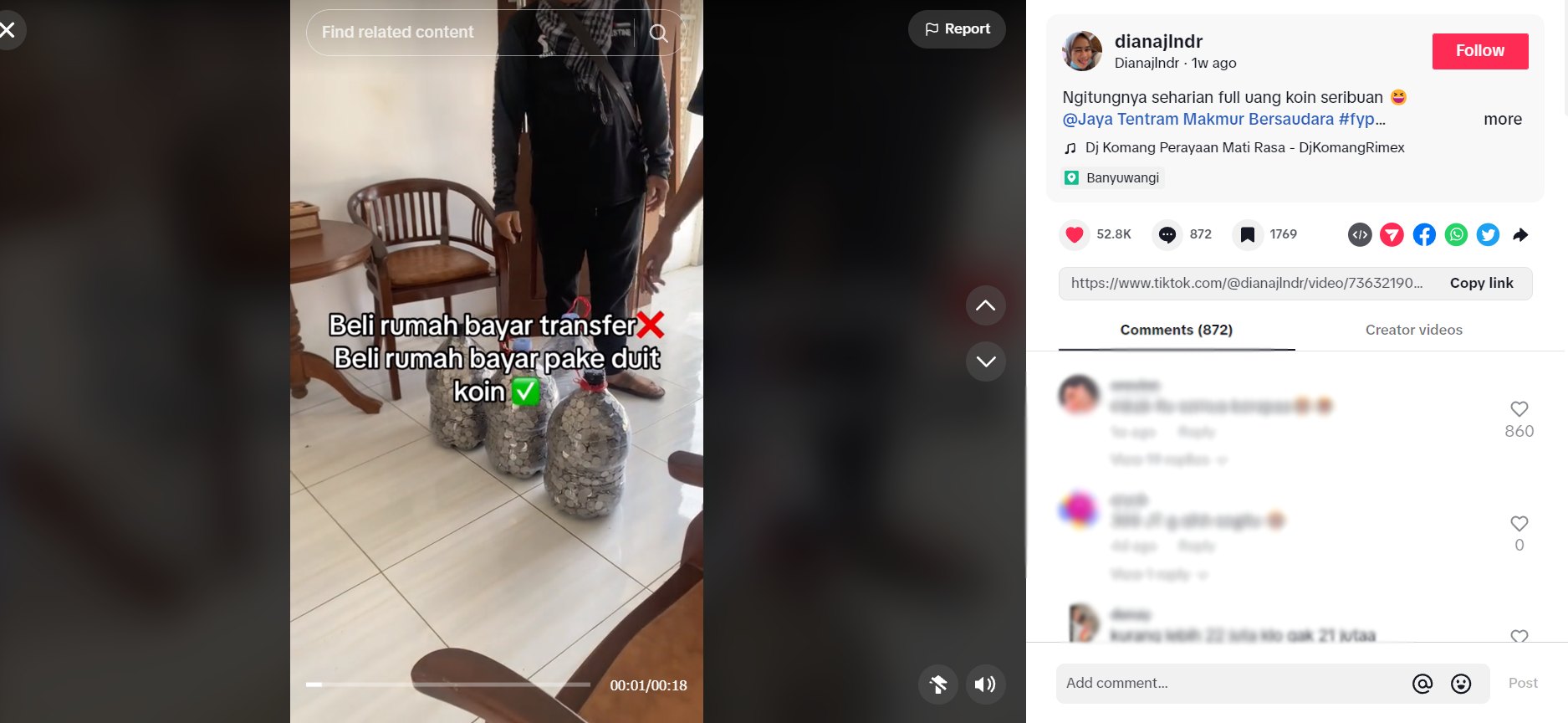Pria di Banyuwangi, Jawa Timur, membeli rumah dengan uang receh Rp1.000. (Akun TikTok @@dianajlndr)
