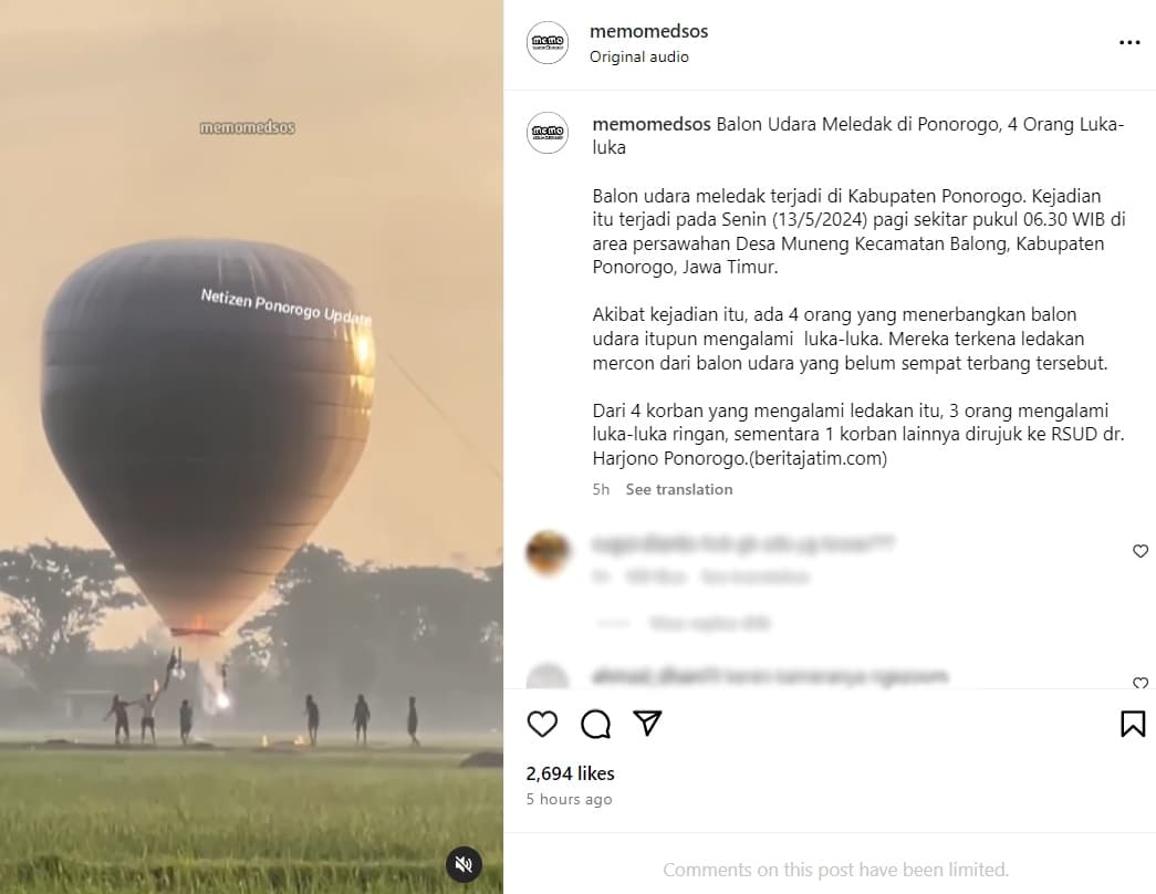 Balon udara meledak di Ponorogo, Jawa Timur. (Tangkap layar akun Instagram @memomedsos)