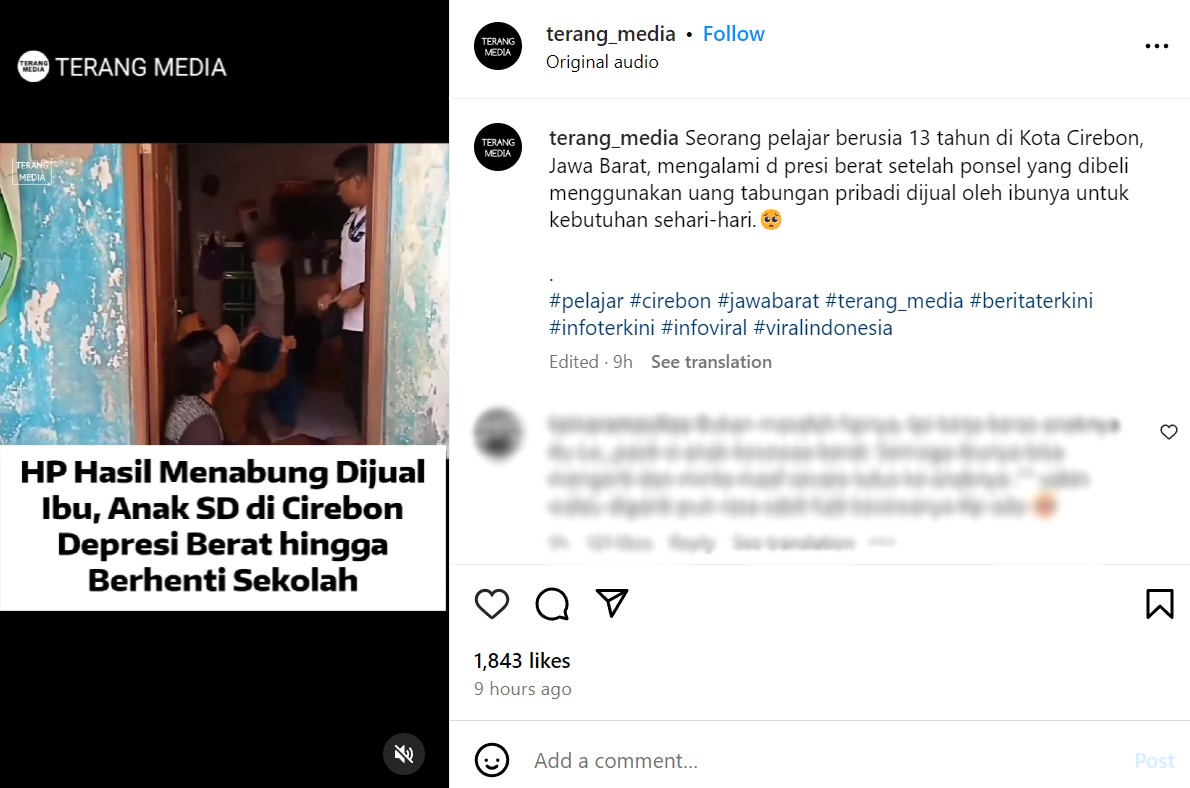Anak SD di Cirebon mengalami depresi sehingga berhenti sekolah. (Tangkap layar akun Instagram @terang_media)