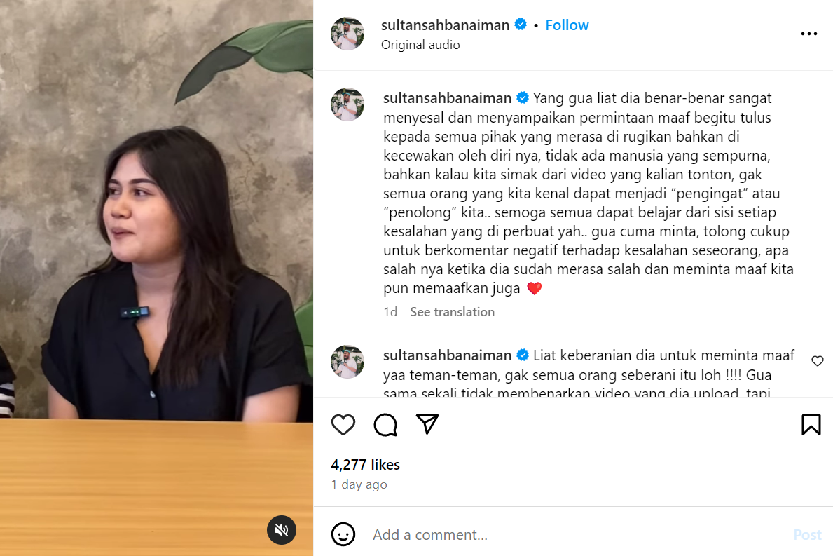 Klarifikasi Indah, wanita yang merekam diam-diam seorang ibu di bioskop, lalu mengunggahnya di TikTok. (Tangkap layar akun Instagram @sultansahbanaiman)