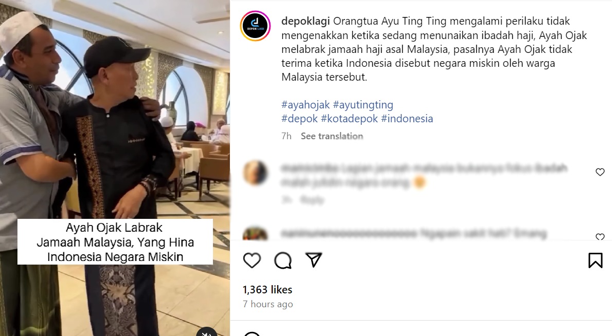 Ayah Ayu Ting Ting tidak terima Indonesia disebut negara miskin. (Tangkap layar akun Instagram @depoklagi)