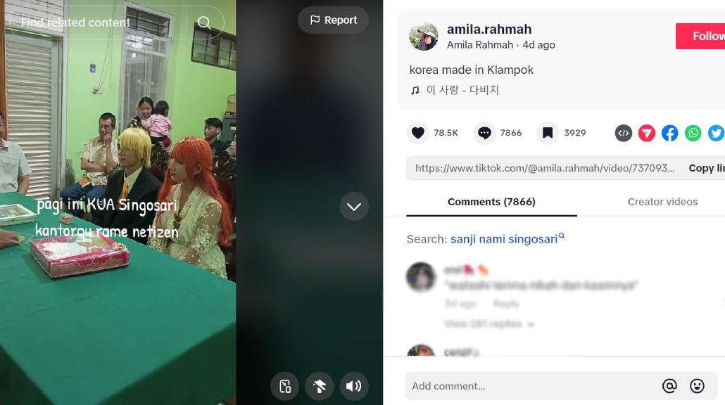 Cosplayer Sanji dan Nami menikah di KUA. (Tangkap layar akun TikTok @amalia.rahmah)