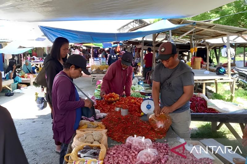 Pedagang cabai rawit merah saat melayani pembeli di Pasar Biromaru, Kabupaten Sigi Sulawesi Tengah. (ANTARA/HO-Moh Salam)