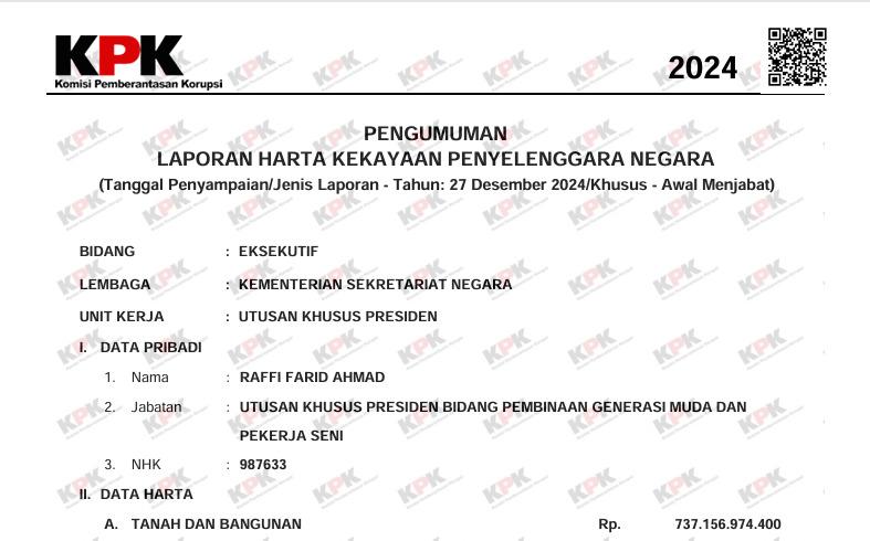 LHKPN Raffi Ahmad. (Dok. KPK)