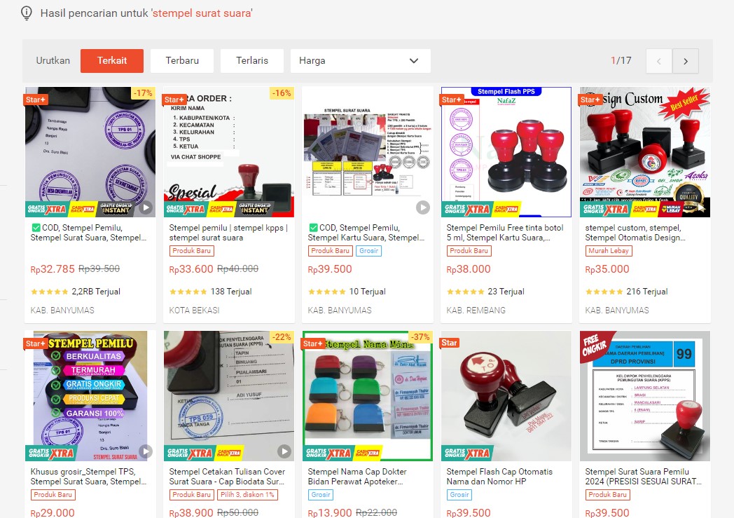 Stempel surat suara yang dijual di e-commerce. (Tangkap layar platform e-commerce)