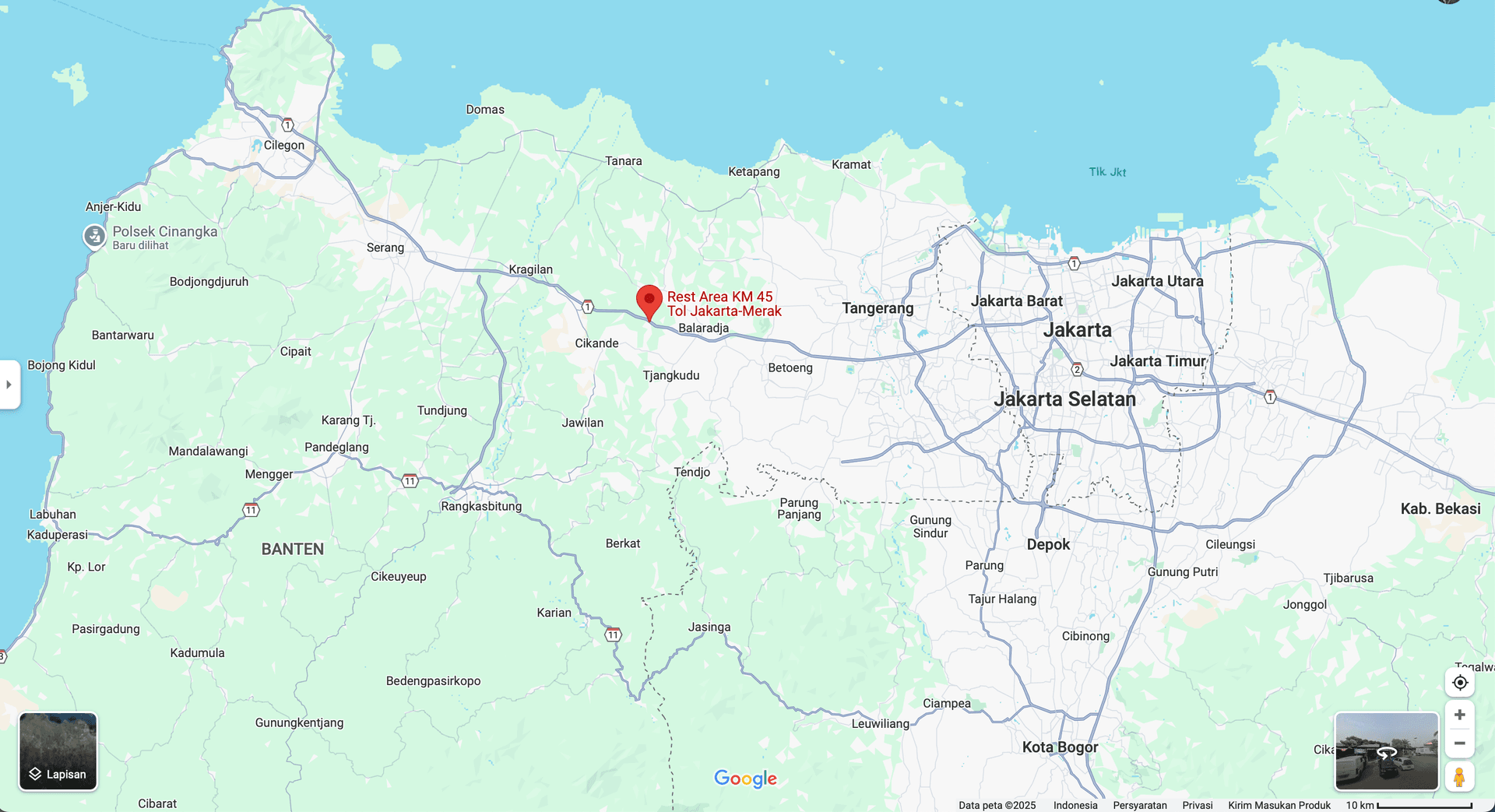 Peta Rest Area KM 45 Tol Jakarta-Merak yang menjadi lokasi penembakan bos rental mobil hingga tewas pada Kamis (2/1/2025).
