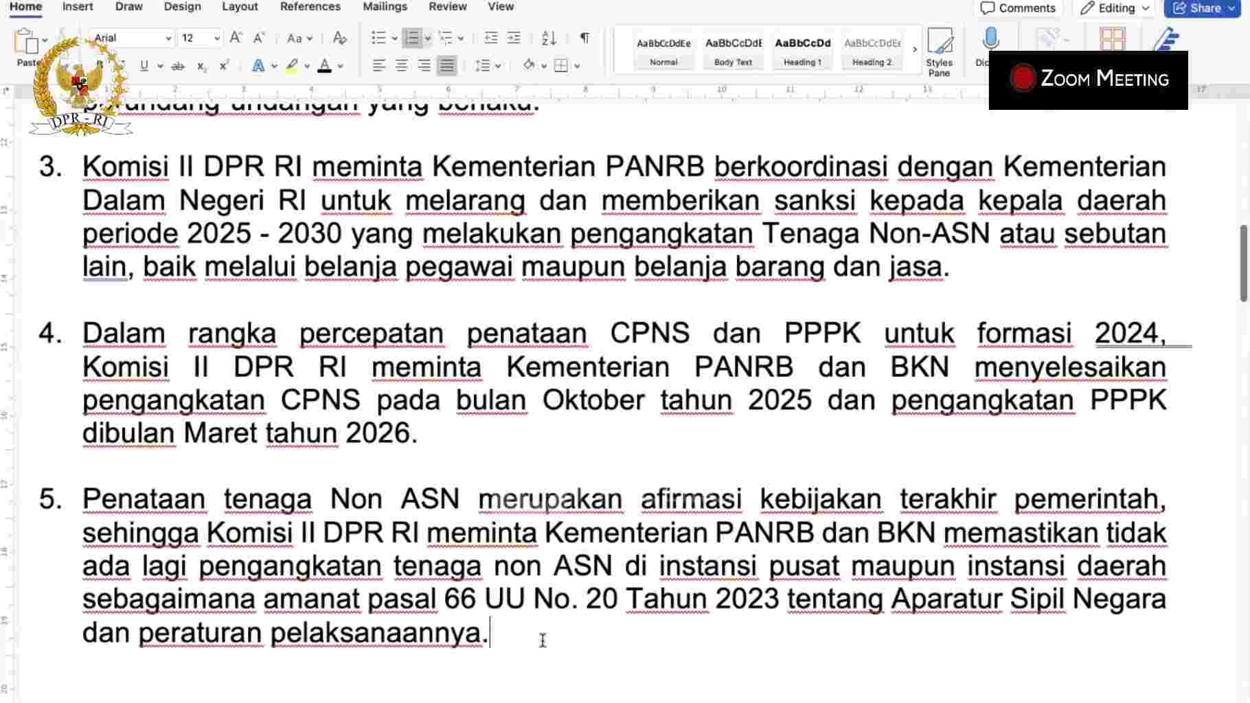 Kesimpulan Raker Komisi II DPR dengan Menpan RB tak menyebut penyerentakan, tapi tenggat di Oktober 2025. (Tangkapan YouTube Komisi II DPR)