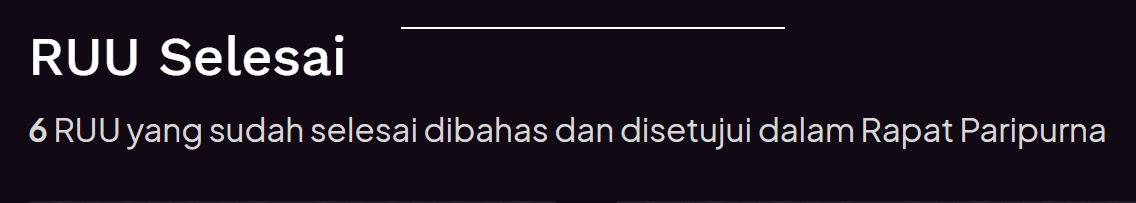 'RUU Selesai' memuat 6 RUU yang telah selesai dibahas dan disetujui dalam Rapat Paripurna DPR. (dok. situs DPR)