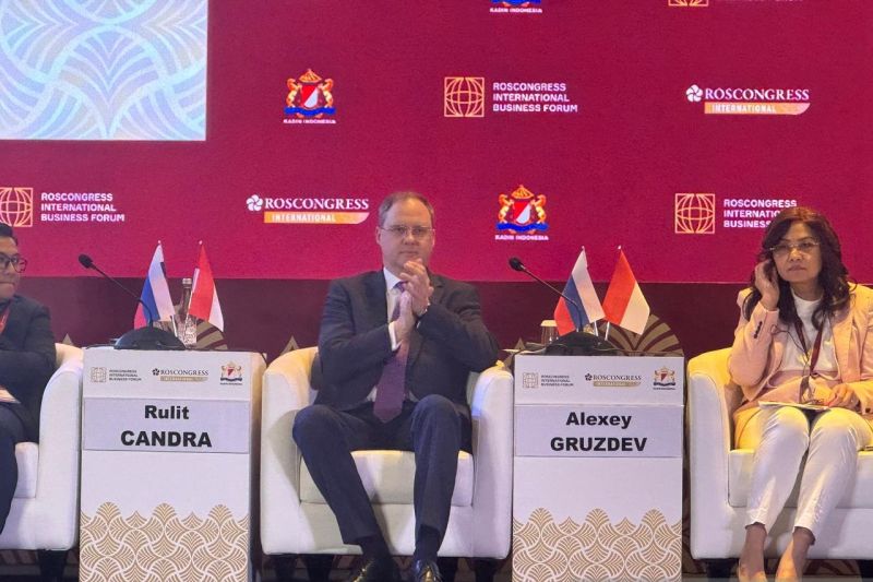 Wakil Menteri Industri dan Perdagangan Rusia Alexey Gruzdev berbicara dalam Forum Bisnis Rusia-Indonesia di Jakarta pada 14 April 2025. (ANTARA/Cindy Frishanti)