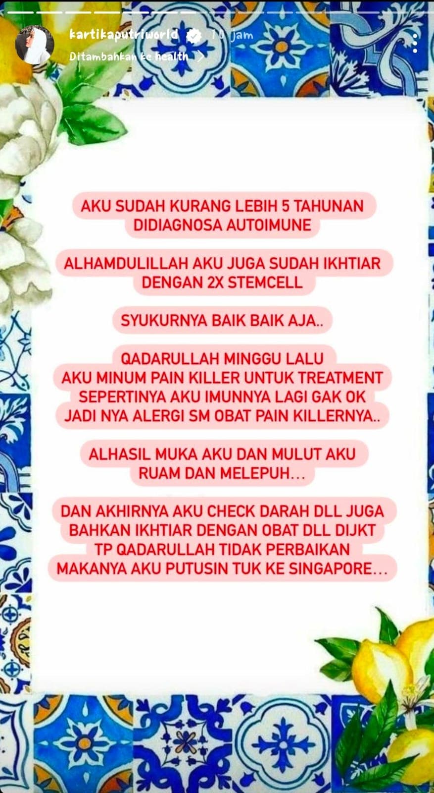 Ternyata, Kartika Putri mengidap autoimun dan penyakitnya kambuh. (Tangkap layar akun @kartikaputriworld)