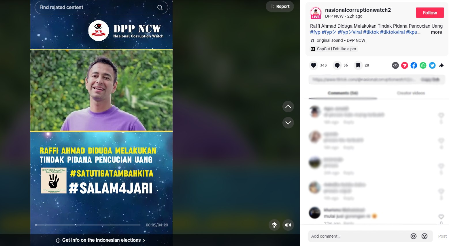 NCW menuding Raffi Ahmad menerima uang hasil kejahatan korupsi. (Tangkap layar akun @nasionalcorruptionwatch2)