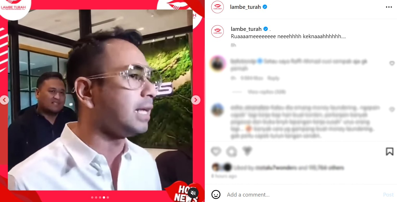 Raffi Ahmad membatah tudingan terima hasil uang kejahatan korupsi. (Tangkap layar akun Instagram @lambe_turah)