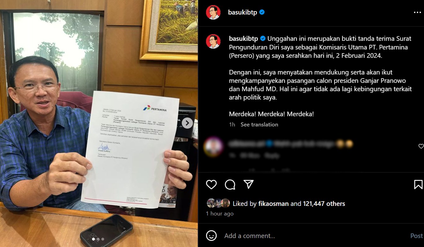 Basuki Tjahaja Purnama (Ahok) mundur dari Pertamina. (Tangkap layar akun @basukibtp)