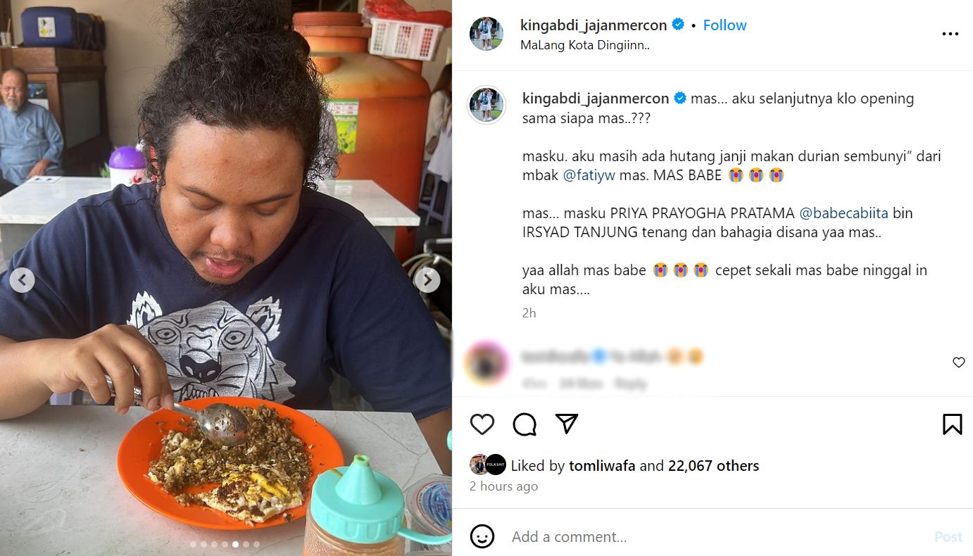 Kabar duka ini disampaikan oleh Abdi Jajan Mercon. (Tangkap layar akun Instagram @kingabdi_jajanmercon)