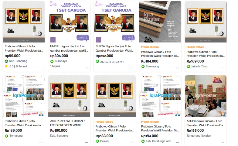 Pigura Prabowo-Gibran marak dijual di e-commerce seperti Tokopedia. (Tangkap layar laman Tokopedia)