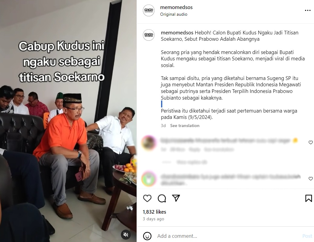 Seorang pria mengaku titisan Soekarno. (Tangkap layar akun Instagram @memomedsos.)