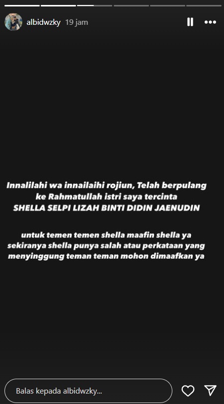 Selebgram sekaligus pejuang kanker ovarium, Shella Selpi, meninggal dunia pada Kamis (29/8/2024). (Foto: Instagram Story @albidwizky)