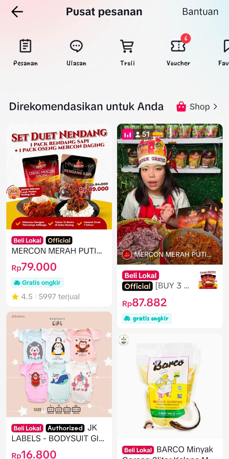 Bisa juga berbelanja produk-produk yang direkomendasikan TikTok. (Tangkap layar akun laman Pusat Pesanan)